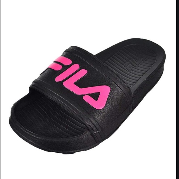 pink and black fila slides